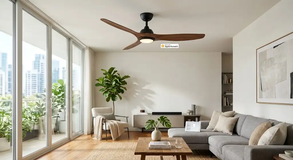 Ventilateur de plafond compatible HomeKit avec pales en bois installé dans un salon contemporain lumineux