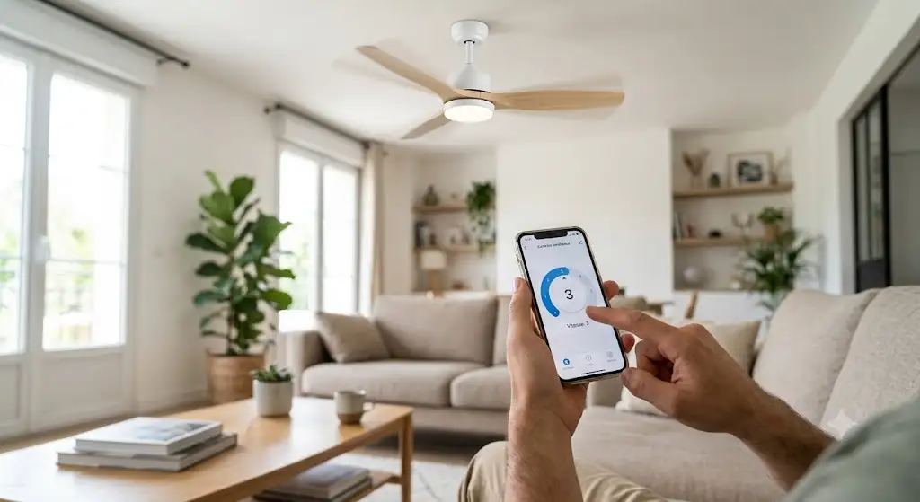 Utilisateur réglant la vitesse d'un ventilateur de plafond application mobile sur smartphone dans un salon moderne .