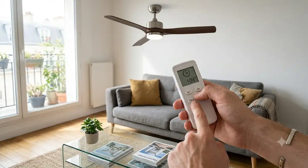 Télécommande réglant la programmation de la minuterie d'un ventilateur de plafond dans un salon moderne. ventilateur de plafond programmation minuterie