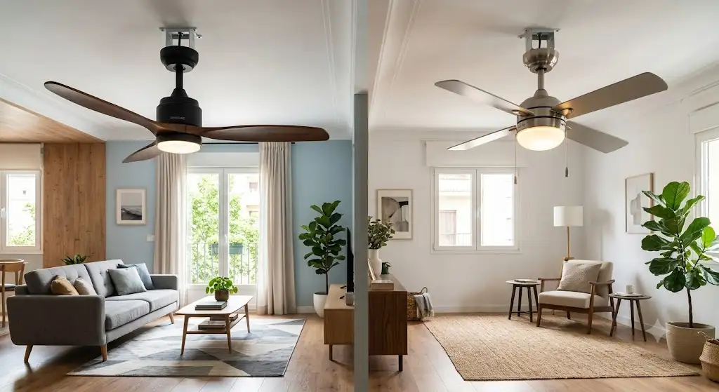 Comparatif visuel entre un ventilateur de plafond Cecotec et un modèle Westinghouse installés dans un salon contemporain. (cecotec vs westinghouse ventilateur plafond)