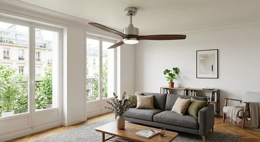 meilleur ventilateur de plafond moins de 250 euros installé dans un salon moderne lumineux