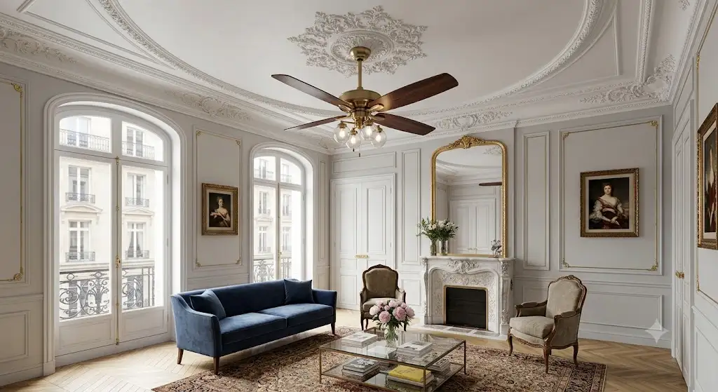 Ventilateur de plafond premium en bois massif installé dans un salon haussmannien élégant