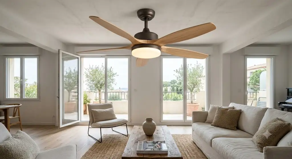 meilleur ventilateur plafond salon moderne avec pales en bois clair et eclairage LED integre.
