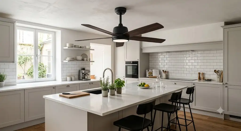 Sélection du meilleur ventilateur de plafond pour cuisine moderne au-dessus d'un îlot central. (meilleur ventilateur plafond cuisine)