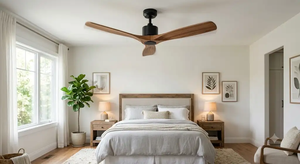 ventilateur plafond chambre ultra silencieux avec pales en bois naturel et moteur DC au-dessus d'un lit double.