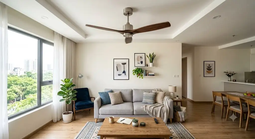 Ventilateur de plafond silencieux installé dans le salon d'un appartement meublé moderne. (ventilateur de plafond location meublee)