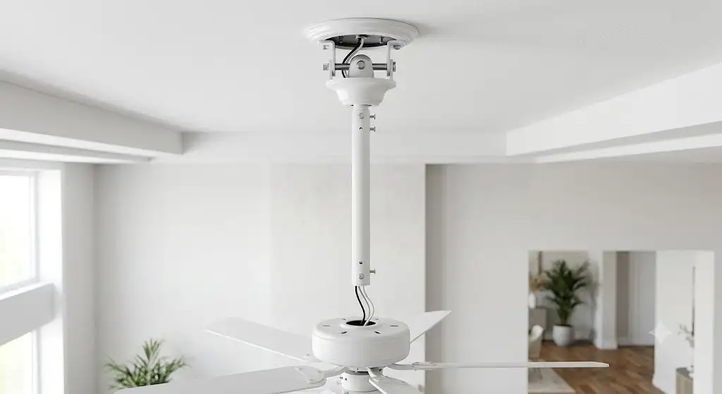 Tige de rallonge ventilateur de plafond en acier laqué blanc avec fixations pour montage sous plafond haut.