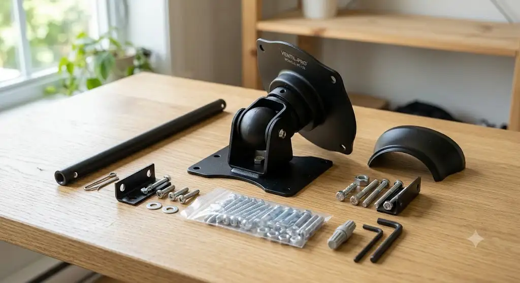 Vue d'ensemble du kit montage ventilateur plafond incline avec support et visserie.