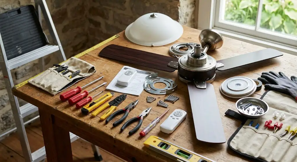 Outils et matériel nécessaires pour remplacer un plafonnier par un ventilateur de plafond en toute sécurité. (remplacer plafonnier par ventilateur de plafond)