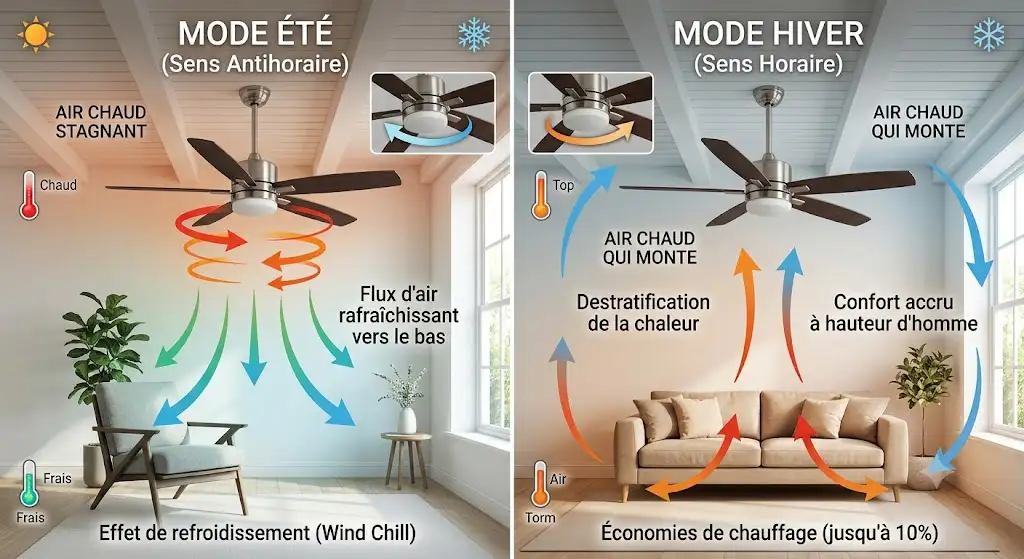 Schéma comparatif du sens des pales ventilateur plafond ete hiver avec le flux d'air thermique.