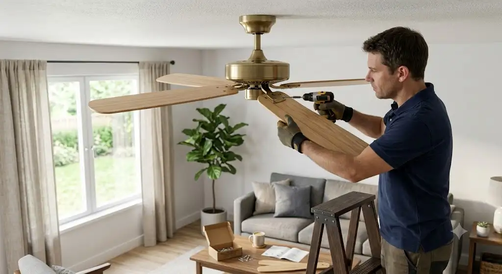Installation d'une pales de rechange ventilateur plafond dans un salon.