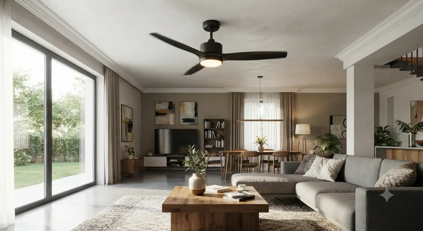 Ventilatore a soffitto basso consumo dal design moderno installato nel soggiorno di una casa.