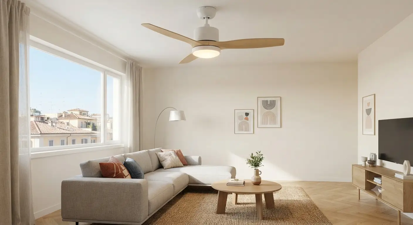 Ventilatore a soffitto basso profilo dal design moderno installato in un soggiorno luminoso.