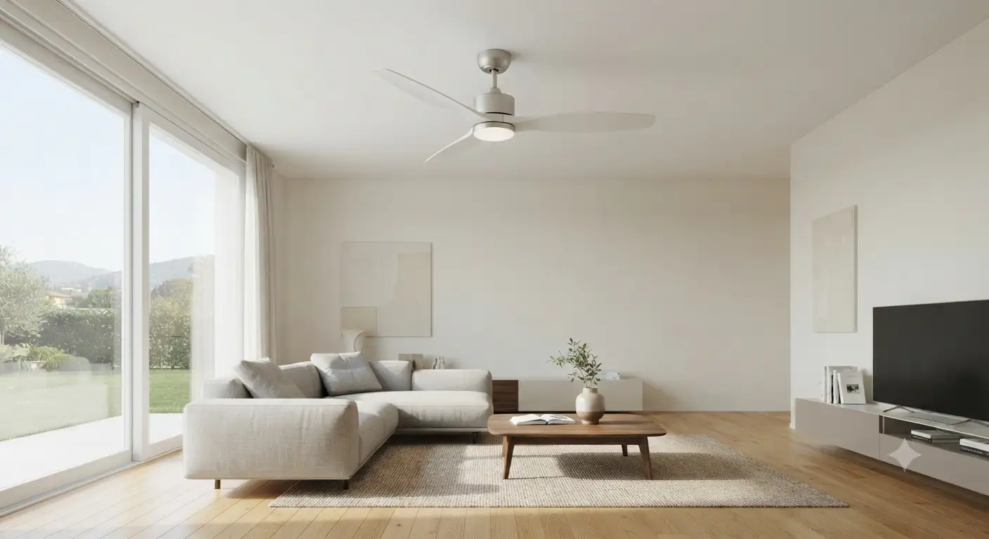 Ventilatore a soffitto DC ultra silenzioso dal design moderno installato nel soggiorno di una casa luminosa.