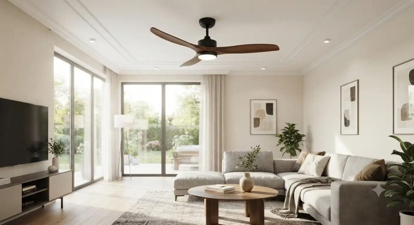 Ventilatore a soffitto con pale in legno dal design moderno installato in un ampio soggiorno luminoso.