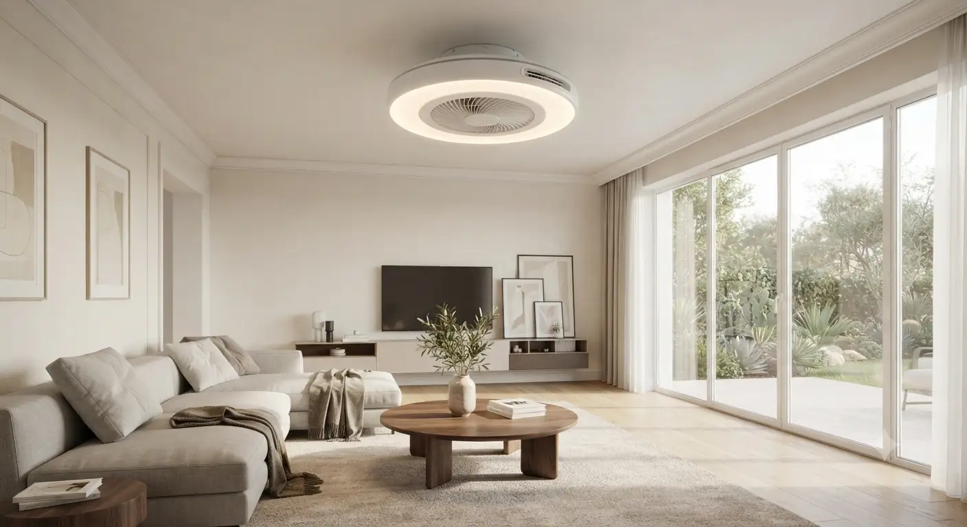 Ventilatore a soffitto senza pale dal design moderno installato in un soggiorno elegante.
