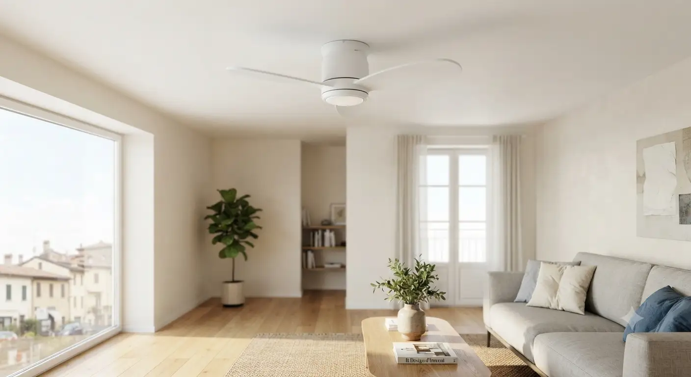 Ventilatore hugger per soffitti bassi moderno in colore bianco installato in un soggiorno luminoso