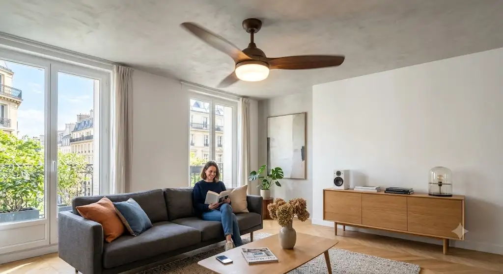 test ventilateur de plafond avec lumiere LED intégré dans un salon contemporain.