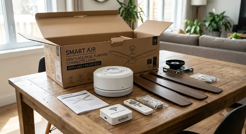 Déballage et contenu du carton lors du test d'un ventilateur de plafond connecté avec pales et récepteur Wi-Fi . (test ventilateur de plafond connecte)