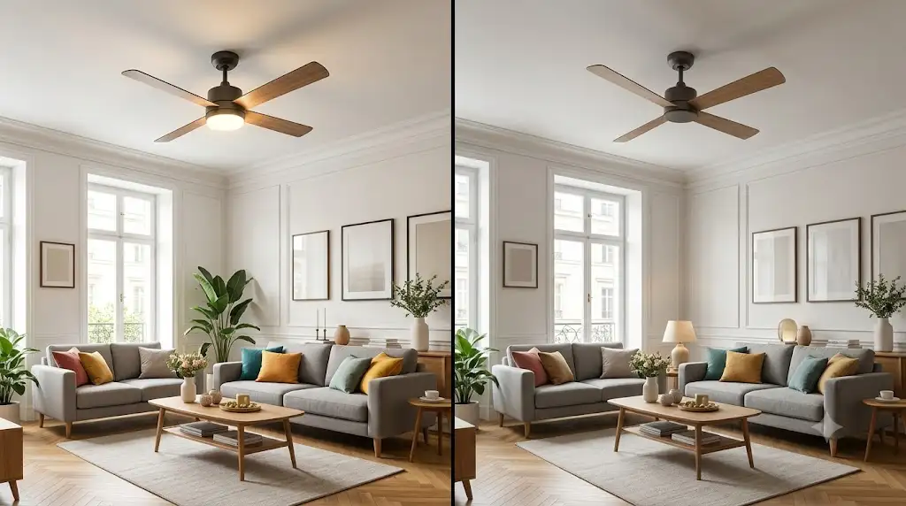 Comparatif visuel entre un ventilateur de plafond avec éclairage LED et un modèle sans lumière dans un salon contemporain. (ventilateur plafond avec vs sans lumiere)