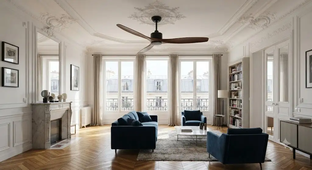 Grand ventilateur de plafond design installe dans un salon d'appartement haussmannien avec moulures et parquet chevrons. (ventilateur de plafond en appartement haussmannien)