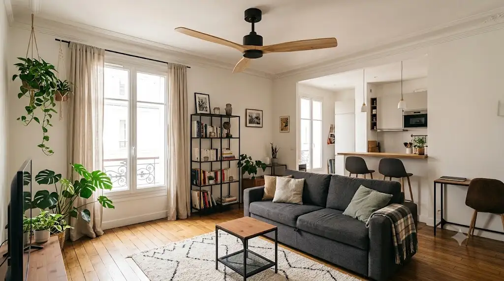 Ventilateur de plafond dans un studio moderne au-dessus de l'espace salon et canapé convertible