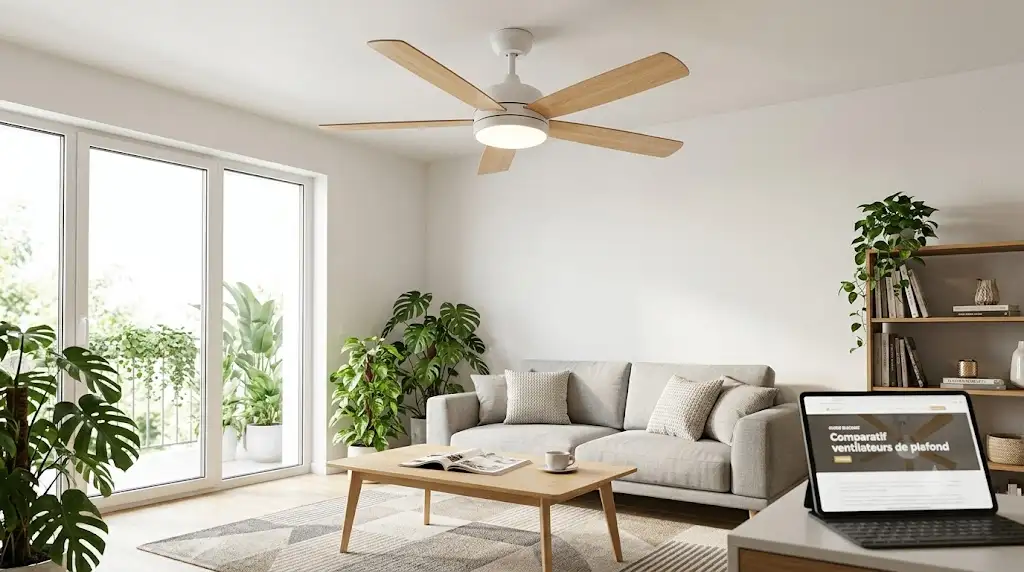 Guide d'achat comparatif pour choisir le meilleur ventilateur de plafond à petit budget dans un salon moderne. (meilleur ventilateur de plafond a petit budget guide)