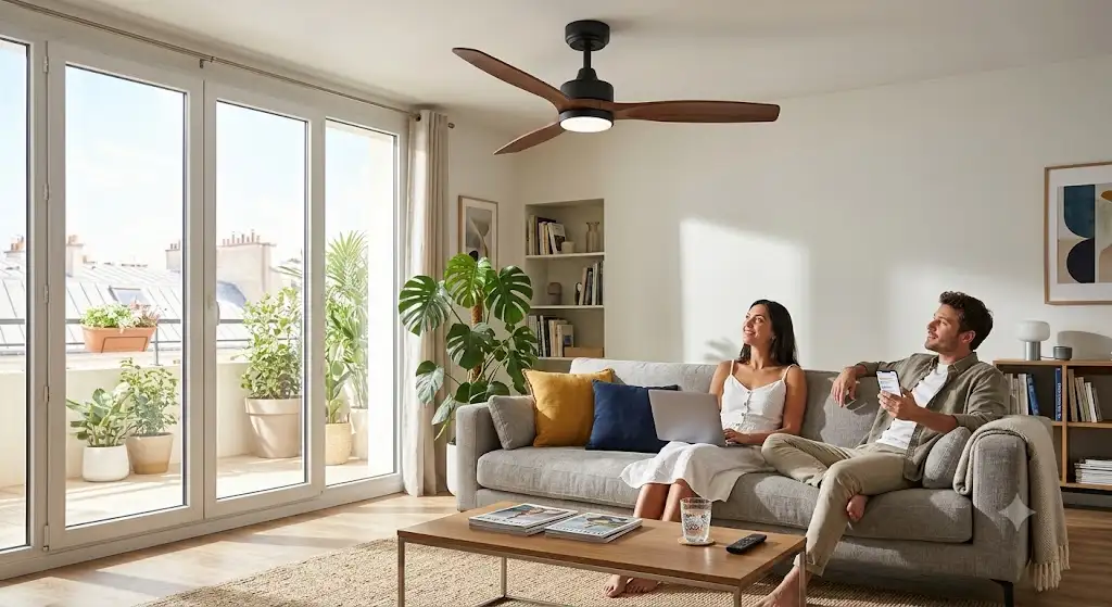 Illustration d'un salon moderne mettant en valeur nos bons plans ventilateur de plafond pour un confort optimal en ete.