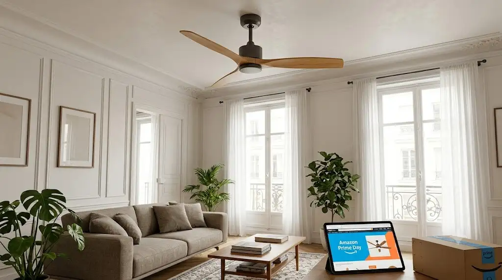 Ventilateur de plafond moderne en bois installé dans un salon français lumineux en promotion pour Amazon Prime Day. (amazon prime day ventilateur de plafond)