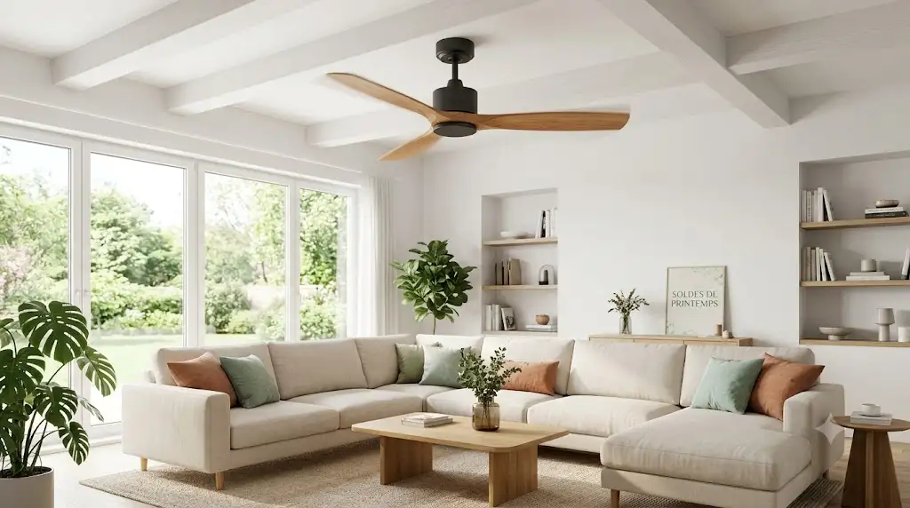 Ventilateur de plafond moderne en bois installé dans un salon lumineux pendant les soldes de printemps. (soldes printemps ventilateur de plafond)