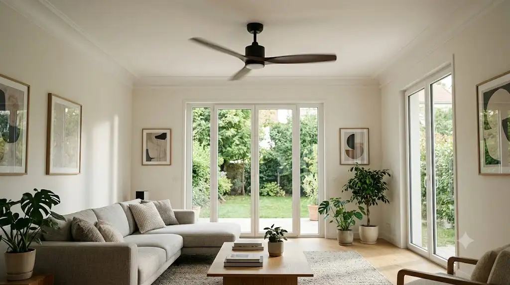 Ventilateur de plafond DC multi vitesses au design moderne installé dans un salon lumineux