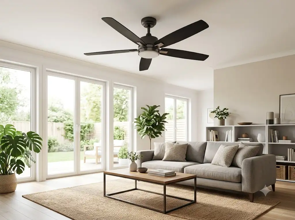 Ventilateur de plafond AC 3 vitesses au design moderne installé dans un salon lumineux