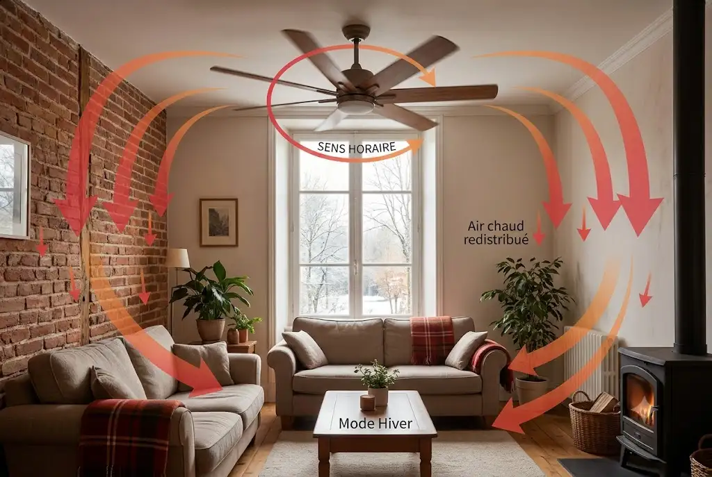 Schéma explicatif montrant le sens horaire d'un ventilateur de plafond en hiver pour redistribuer l'air chaud vers le sol. (sens horaire ventilateur plafond hiver)
