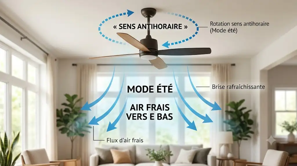 Schéma explicatif montrant la rotation en sens antihoraire d'un ventilateur de plafond en été pour projeter l'air frais vers le bas. (sens antihoraire ventilateur plafond ete)