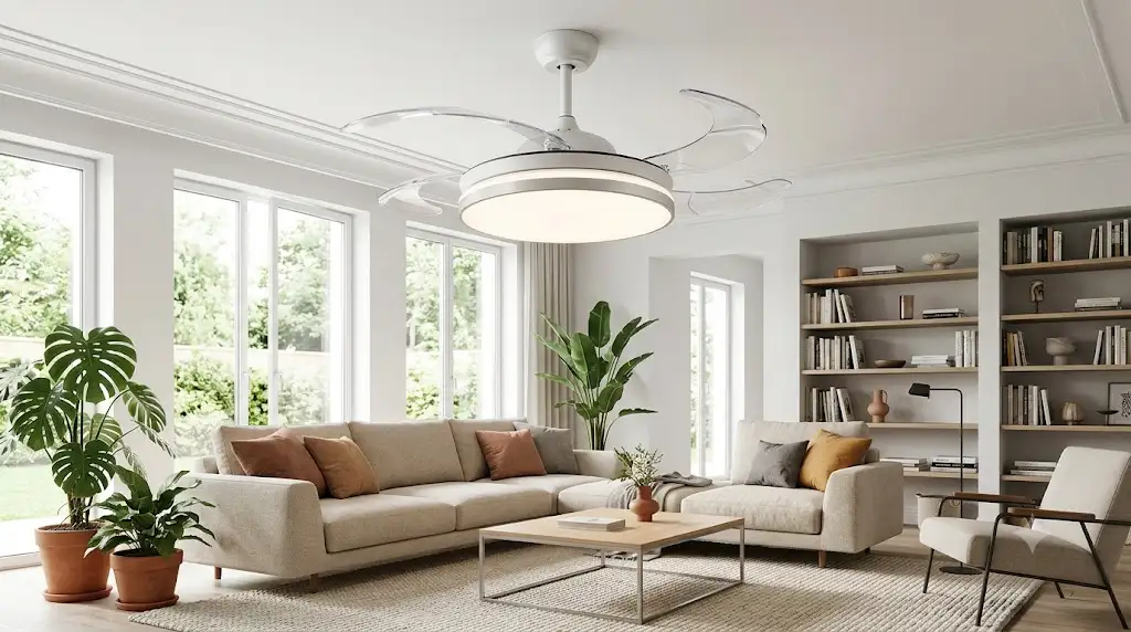 Ventilateur de plafond design à pales repliables transparentes installé au centre d'un salon moderne lumineux. (pales repliables design ventilateur plafond)