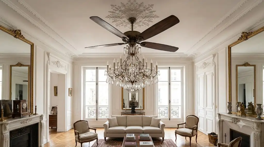Grand ventilateur de plafond avec lustre chandelier en cristal suspendu dans un salon haussmannien élégant. (ventilateur plafond lustre chandelier)