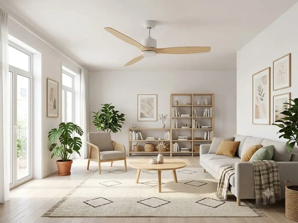 Ventilateur de plafond avec trois pales en bois clair installé au centre d'un salon scandinave lumineux. (ventilateur plafond pales bois clair)