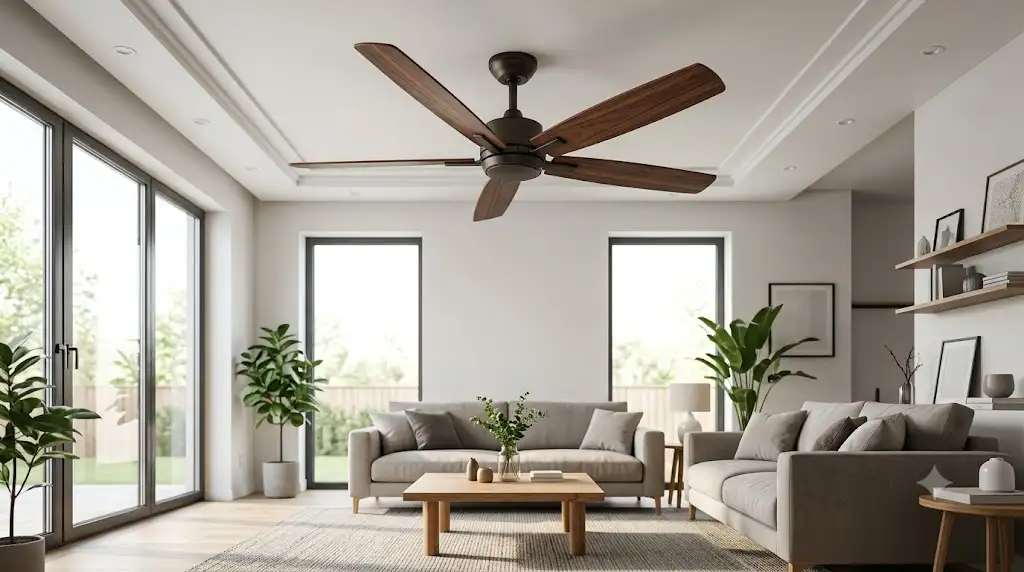 Ventilateur de plafond avec pales en bois foncé finition noyer installé au centre d'un salon moderne. (ventilateur plafond pales bois fonce noyer)