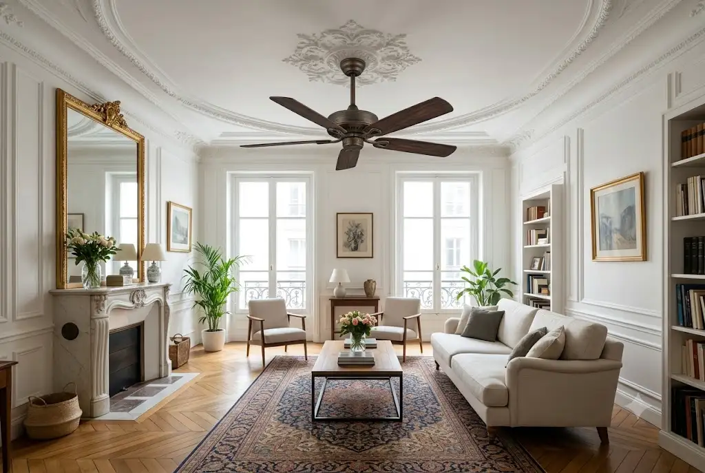 ventilateur plafond finition bronze ancien avec pales en bois foncé installé au centre d'un salon style haussmannien.