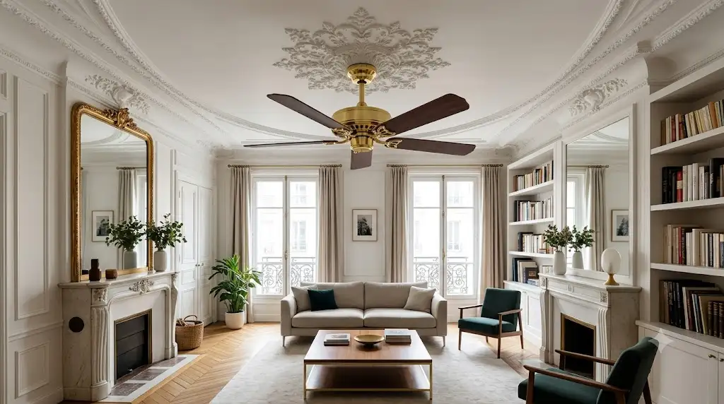 Grand ventilateur de plafond en finition laiton doré installé dans un salon style haussmannien avec moulures. (ventilateur plafond finition laiton)