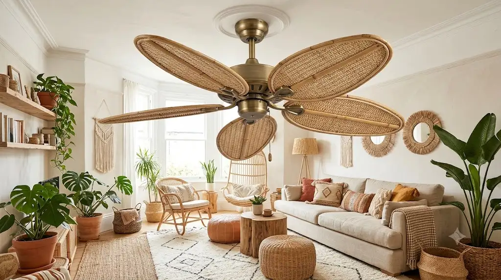 Grand ventilateur de plafond avec pales en bambou et rotin tressé au-dessus d'un salon style bohème chic. (ventilateur plafond pales bambou rotin)