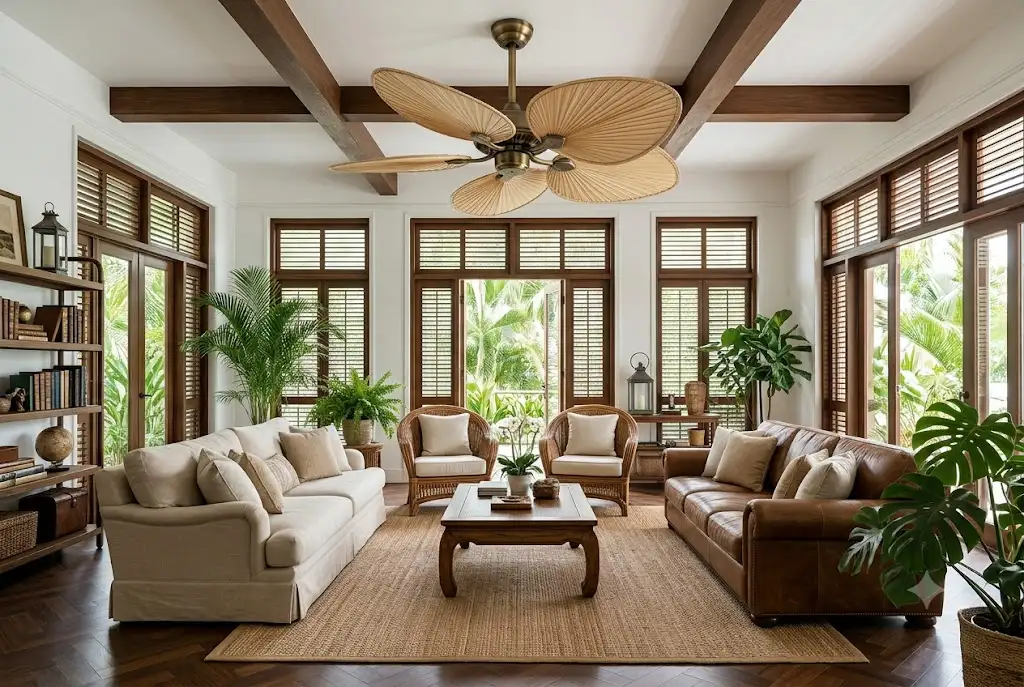 Ventilateur de plafond avec pales en feuille de palmier naturelles dans un grand salon au style colonial chic. (ventilateur plafond pales feuille palmier)