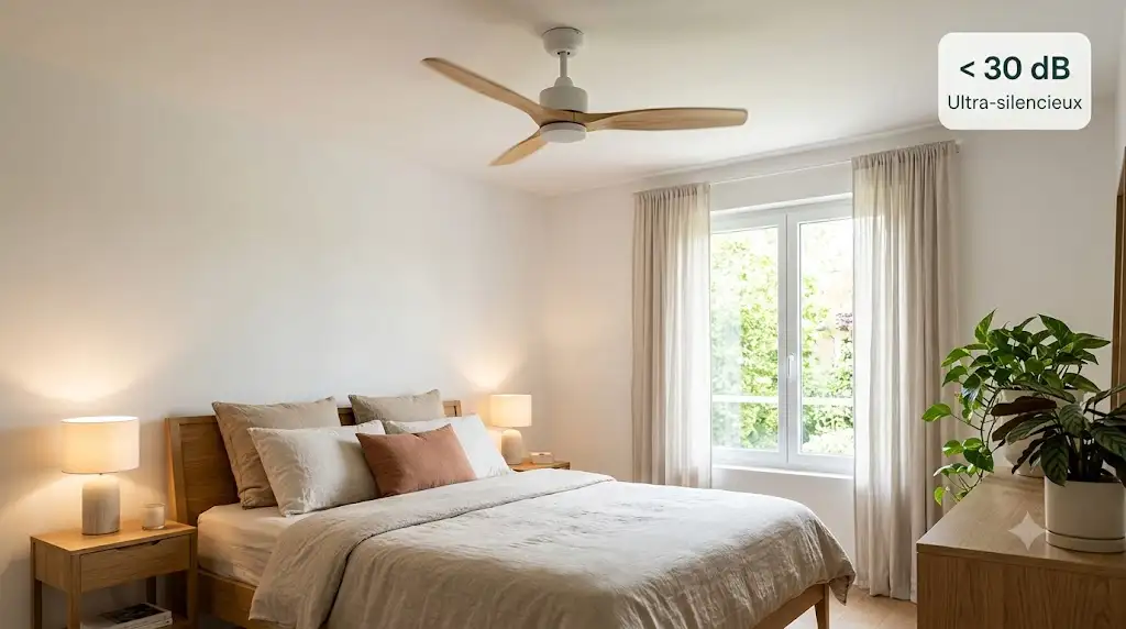 Ventilateur de plafond ultra silencieux à faible niveau sonore en dB installé dans une chambre à coucher parentale. (niveau sonore ventilateur de plafond db)