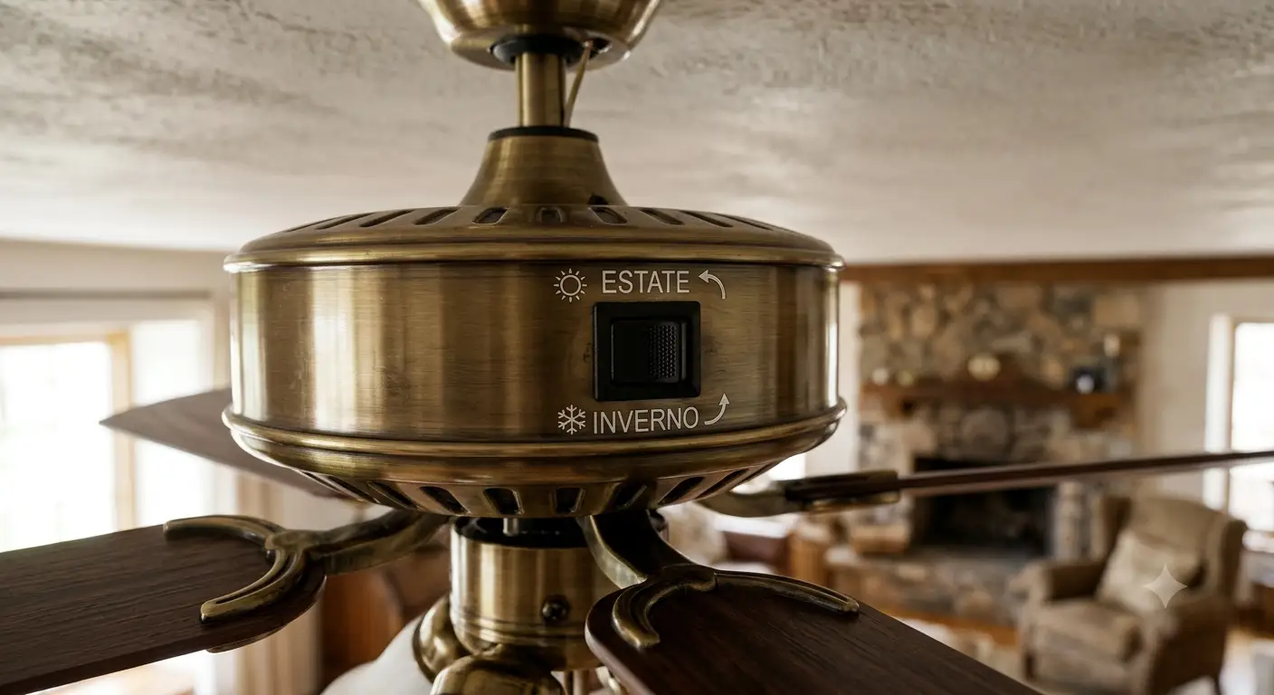 Interruttore per l'inversione del senso di rotazione su un ventilatore da soffitto per la modalità estiva e invernale.