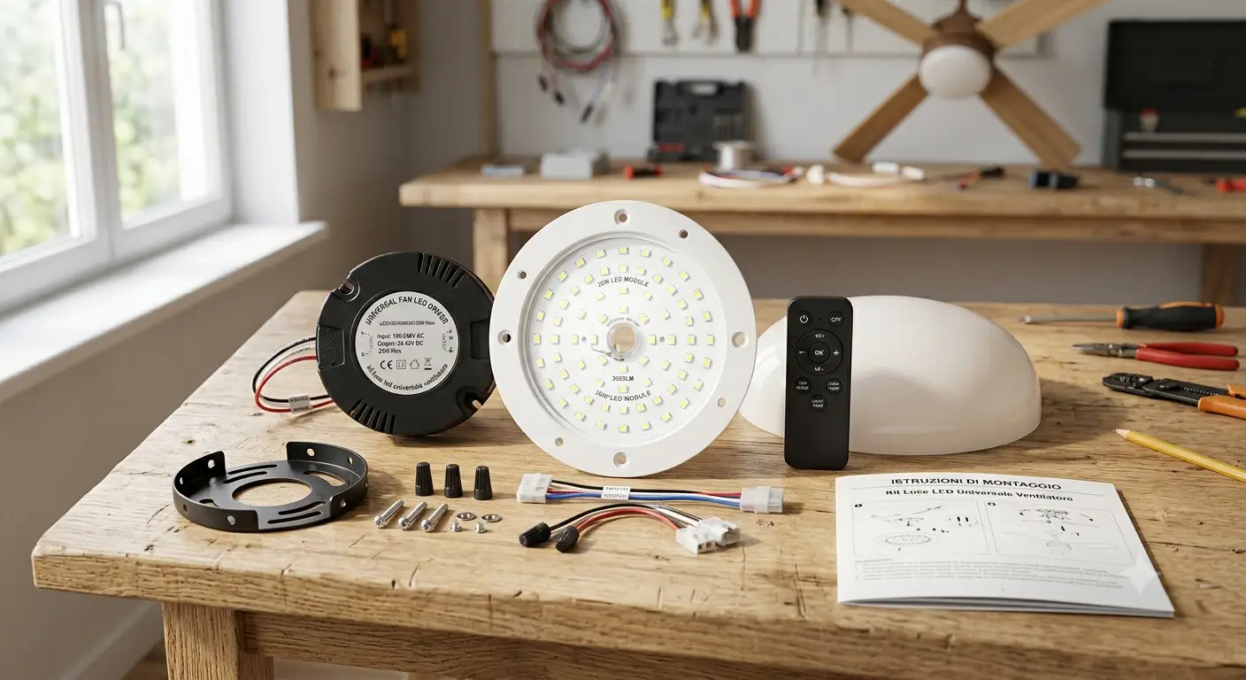 Kit luce LED universale per ventilatore da soffitto con componenti di montaggio ordinati per l'installazione