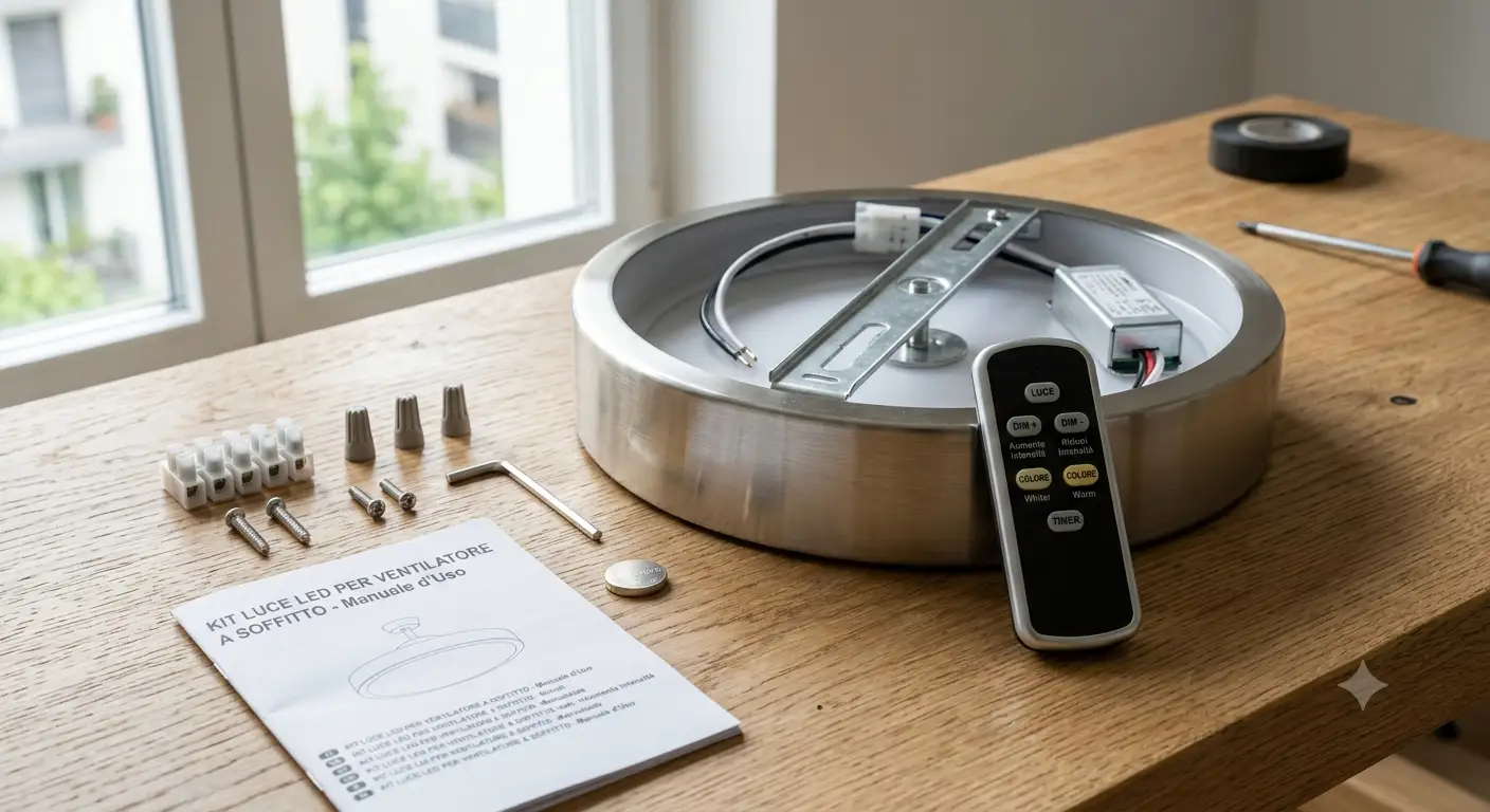 Kit luce per ventilatore a soffitto dal design moderno dotato di telecomando per la regolazione.