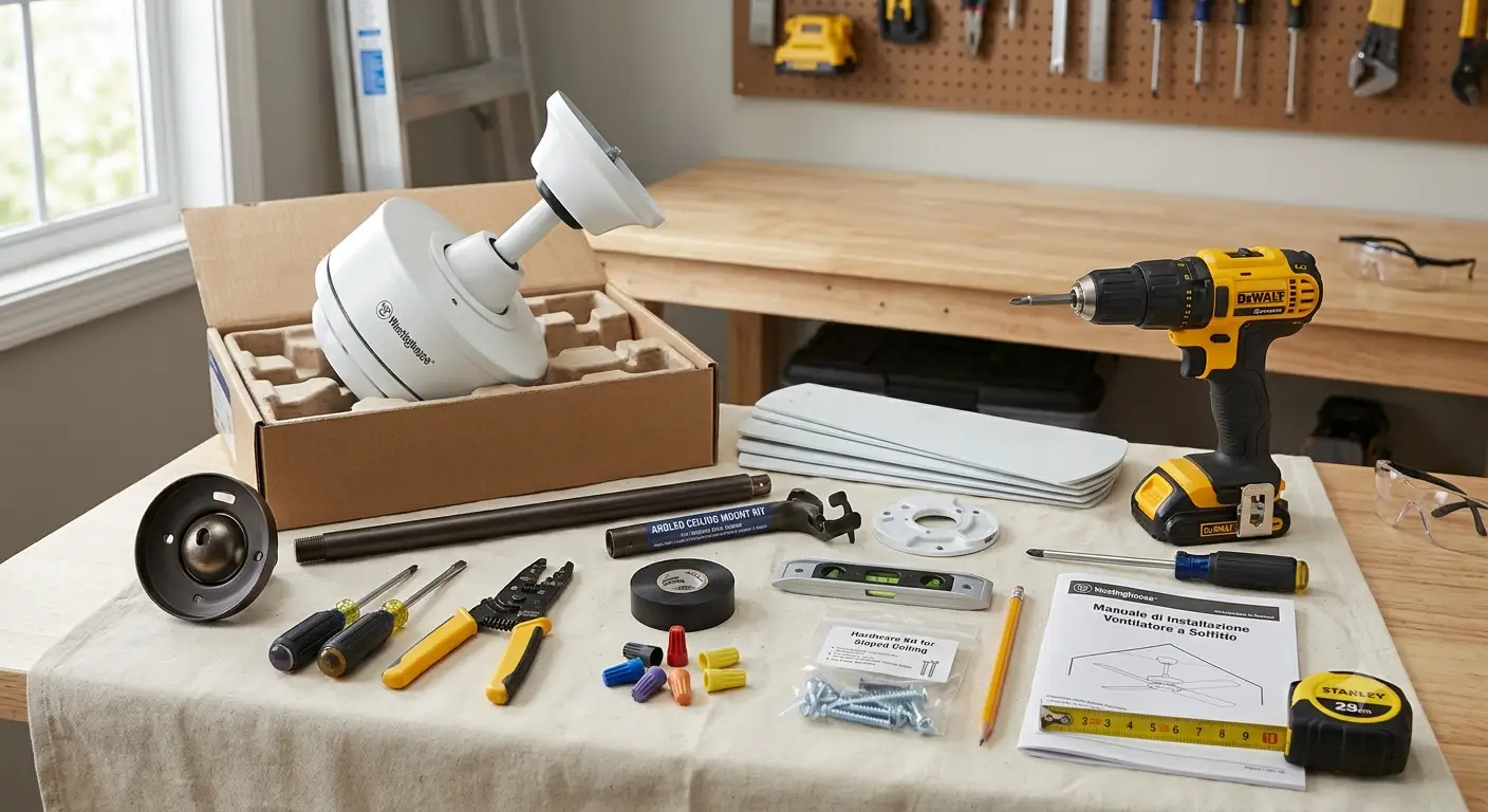 Attrezzi e materiali necessari per installare un ventilatore su un soffitto inclinato.