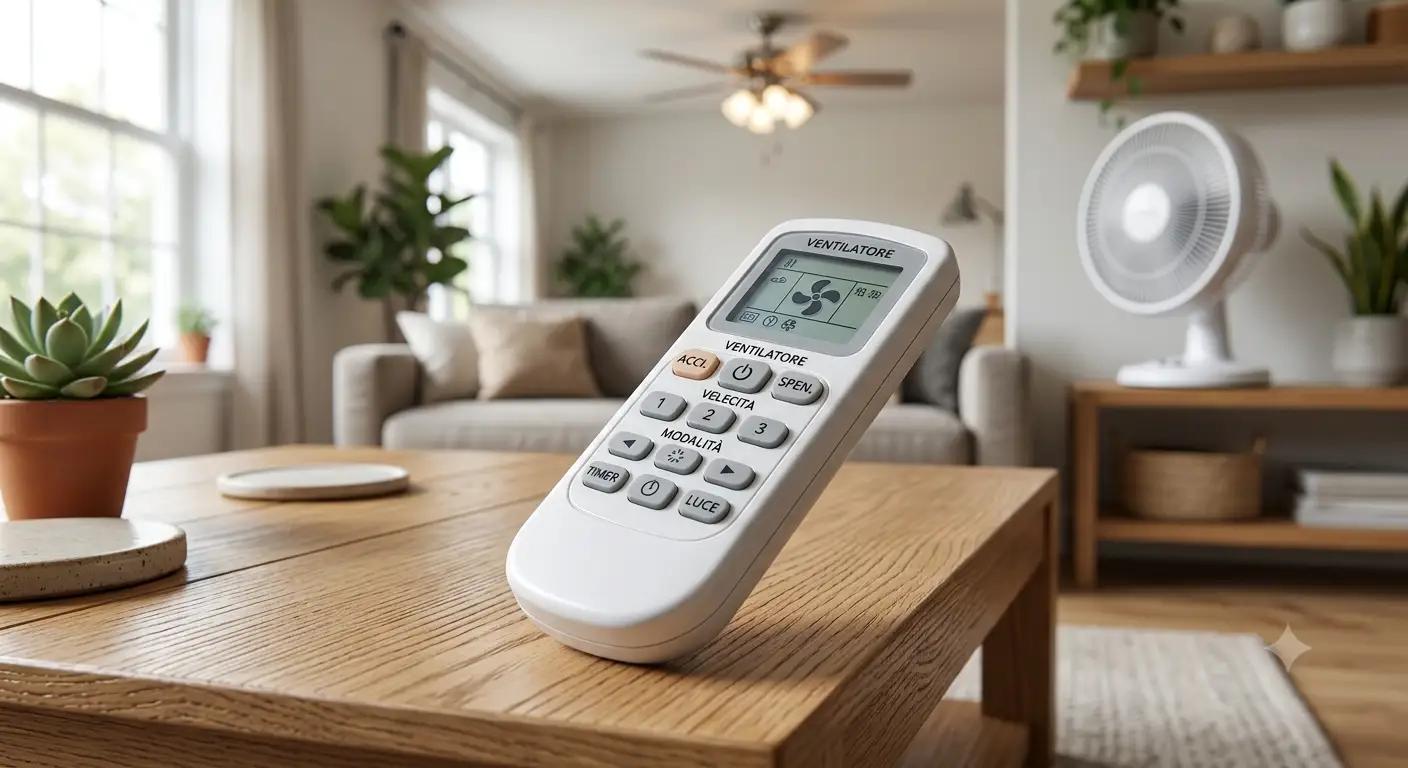 Telecomando di ricambio ventilatore universale compatibile con diversi modelli di ventilatori a soffitto e da tavolo.