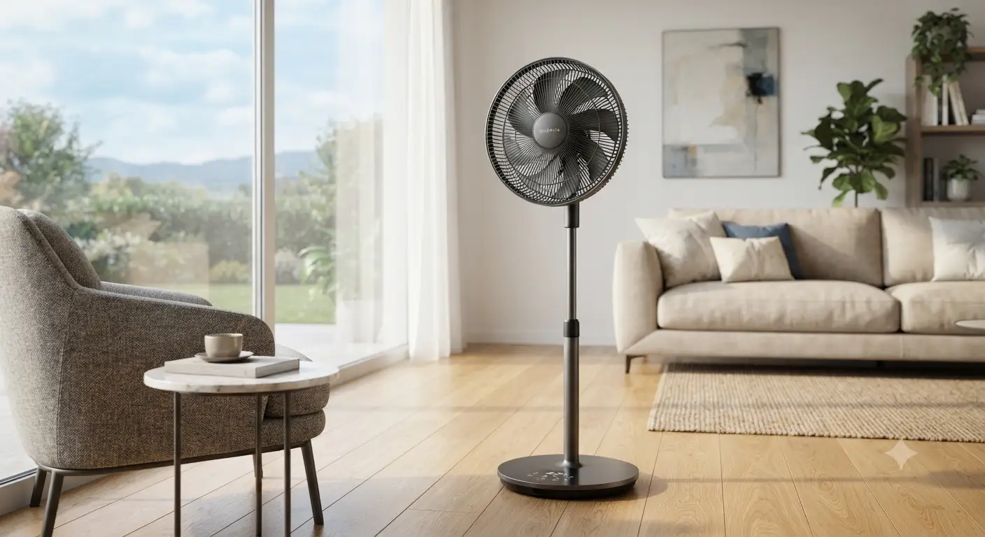 Ventilatore a piantana silenzioso dal design moderno ed elegante posizionato in un soggiorno luminoso.