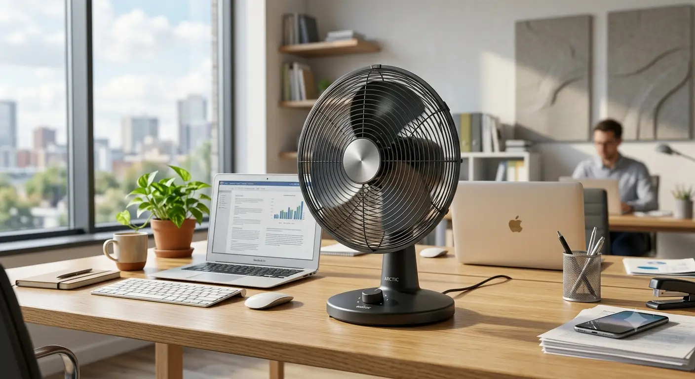 Illustrazione di un ventilatore da tavolo moderno posizionato sulla scrivania di un ufficio luminoso.